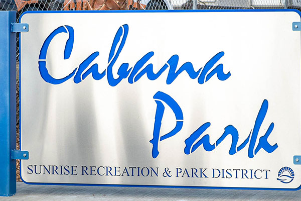Cabana Park sign by Smith Powder Coating in cobalt blue color